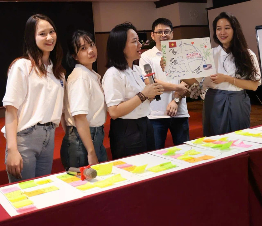 Yến (bìa trái) cùng nhóm đang thuyết trình trong chương trình của Fulbright. Ảnh: NVCC