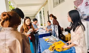 Sinh viên trao đổi thông tin bên lề sự kiện. Ảnh: HNV